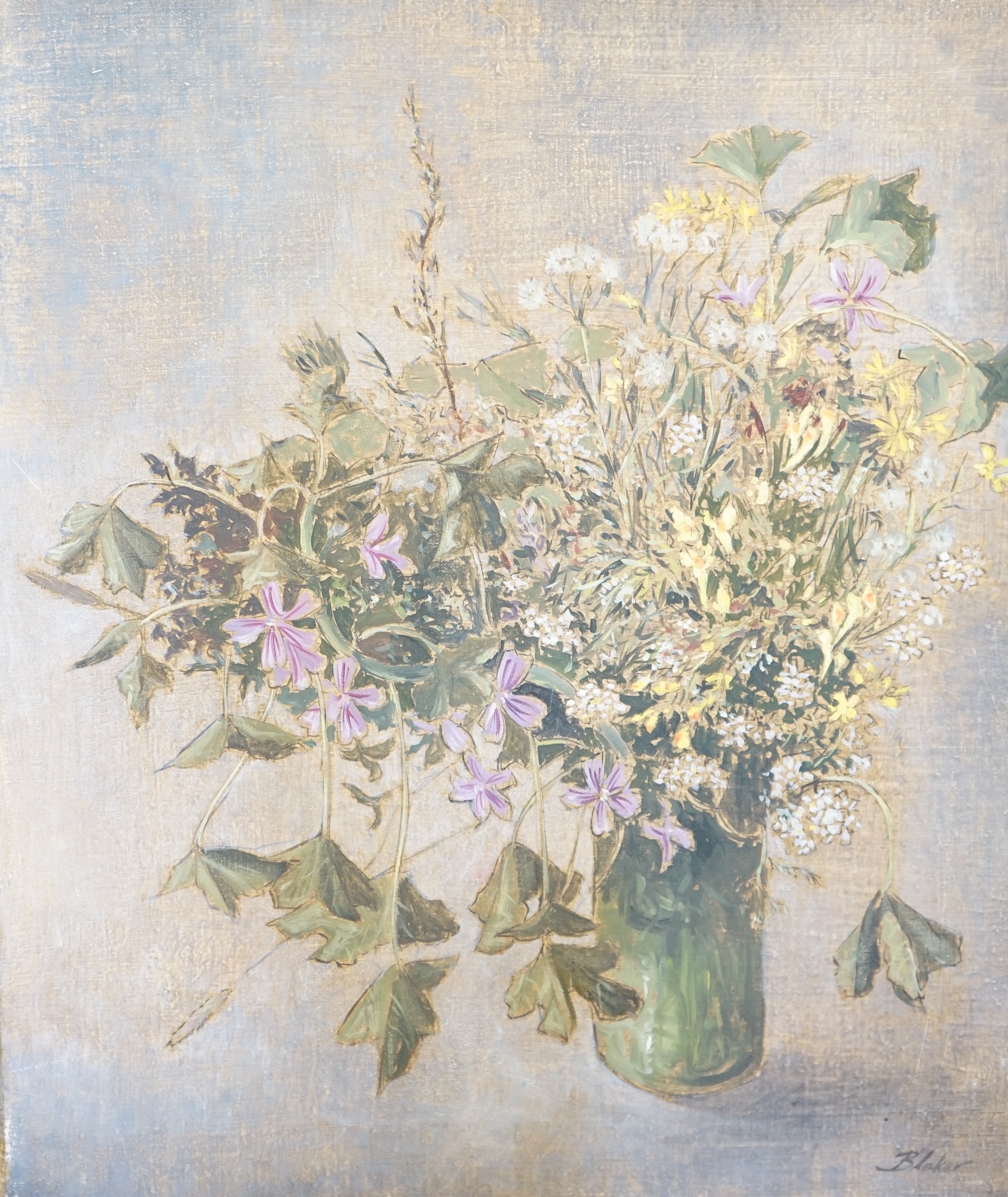 Michael John Blaker (1928-2018), two oils on canvas, Still lifes of flowers in vases, both signed, largest 53 x 65cm, unframed. Condition - fair